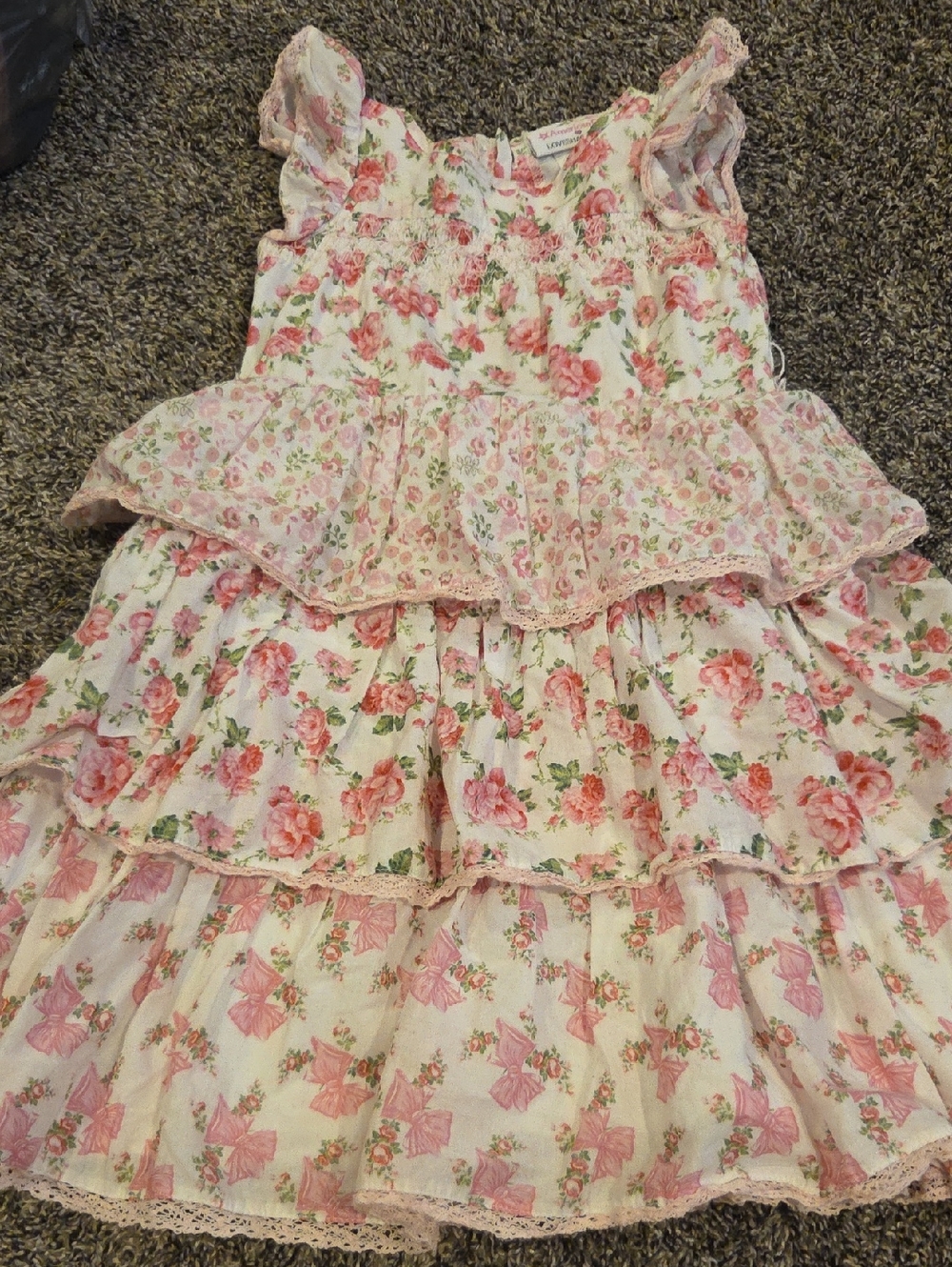 LoveShackFancy Pink Floral Tiered Ruffle Dress for Kids